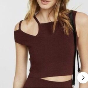 Express Women M Burgundy Knit Off The Shoulder Strappy Asymmetric Crop Top NWT